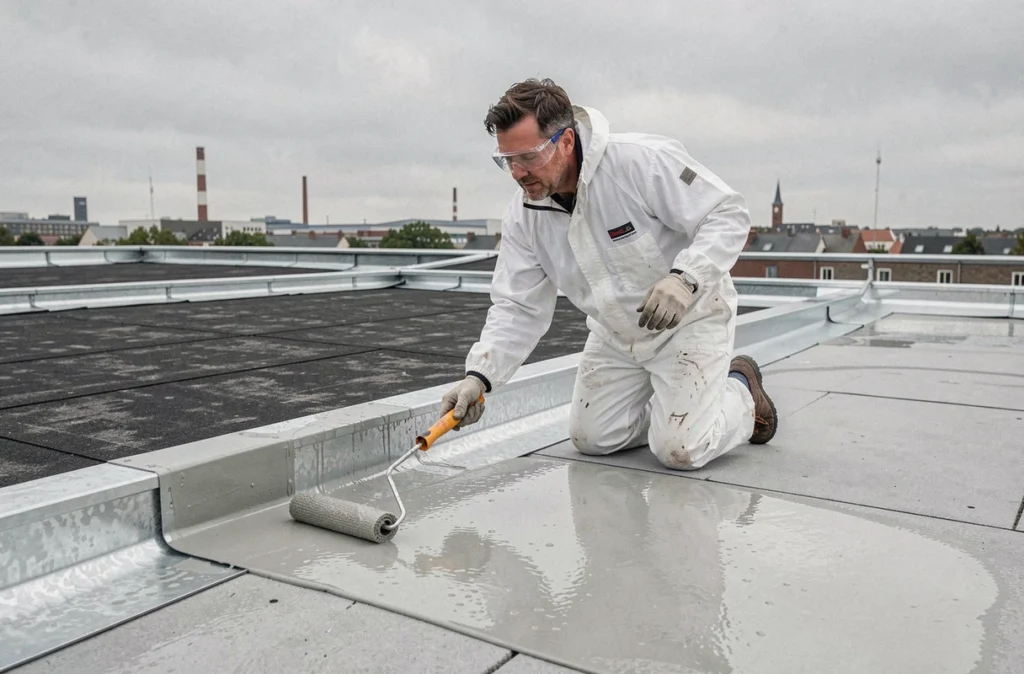 Technicien de JPCE Couverture Étanchéité appliquant une membrane d'étanchéité sur une toiture plate avec zinguerie dans la Loire