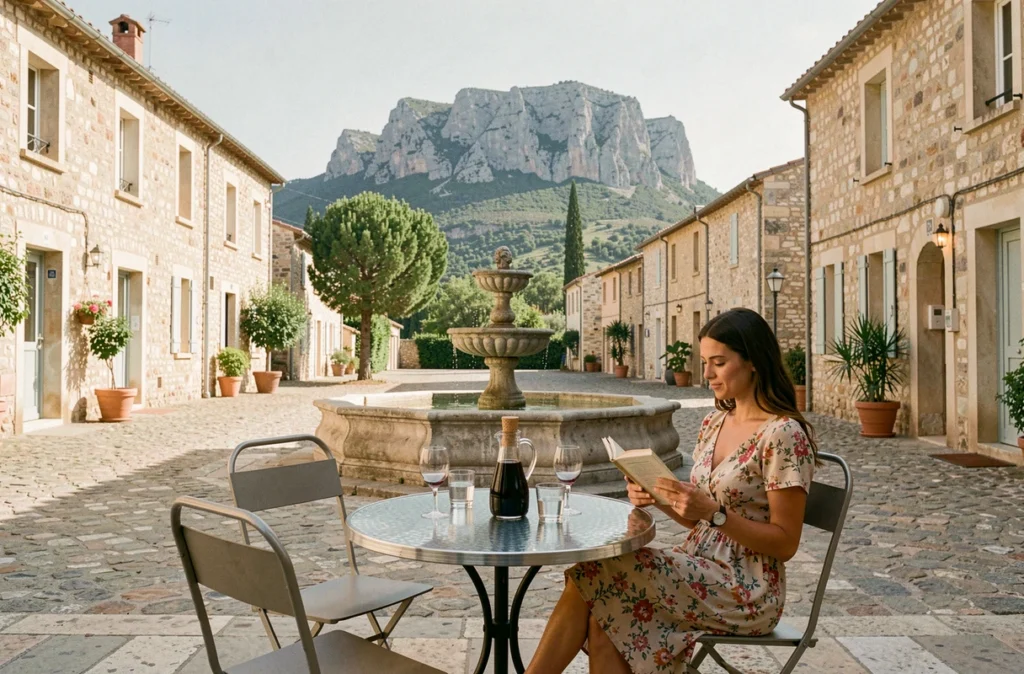 Bistrot La Place à Puyloubier avec terrasse contemporaine et vue sur le Mont Sainte-Victoire