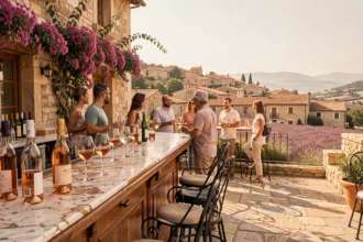 Terrasse d'un bar provençal avec vue sur un village perché, verres de rosé et ambiance estivale méditerranéenne