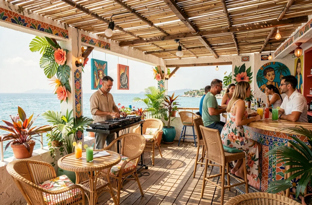 Playamesa bar latino sur la Riviera avec terrasse sur la mer, cocktails et ambiance festive