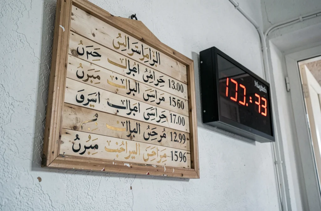 Tableau d'horaires de prière artisanal et horloge numérique LED affichant des heures différentes dans une mosquée de quartier à Marseille