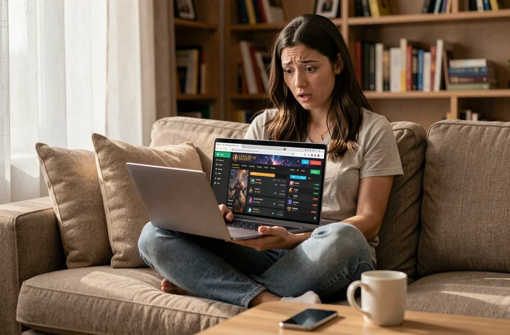 Joueuse découvrant son temps total passé sur League of Legends via un site de statistiques