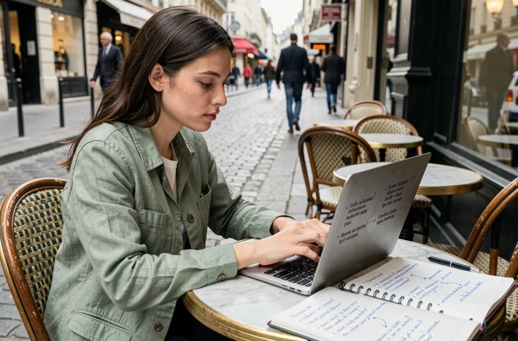 Jeune traductrice travaillant sur des erreurs de sens en traduction depuis un café parisien avec un ordinateur portable et des notes manuscrites
