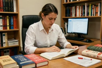 Traductrice professionnelle comparant des documents bilingues pour éviter les erreurs de sens dans une traduction