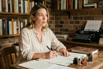 Femme écrivant dans un atelier d'écriture créative entourée de cahiers et de poèmes manuscrits