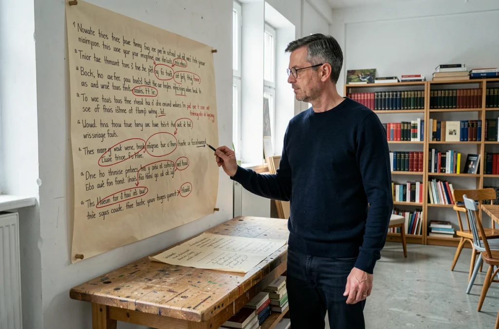 Homme analysant des rimes et sonorités sur un mur d'écriture créative dans un atelier littéraire